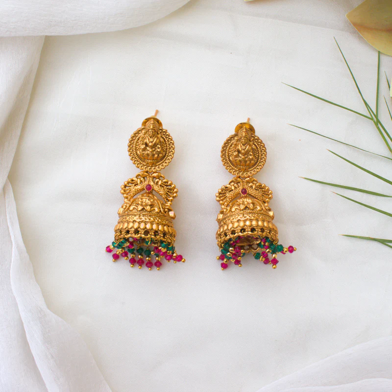 Gold Matte Bridal Lakshmi Jhumkas with Crystal Balls